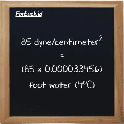 How to convert dyne/centimeter<sup>2</sup> to foot water (4<sup>o</sup>C): 85 dyne/centimeter<sup>2</sup> (dyn/cm<sup>2</sup>) is equivalent to 85 times 0.000033456 foot water (4<sup>o</sup>C) (ftH2O)